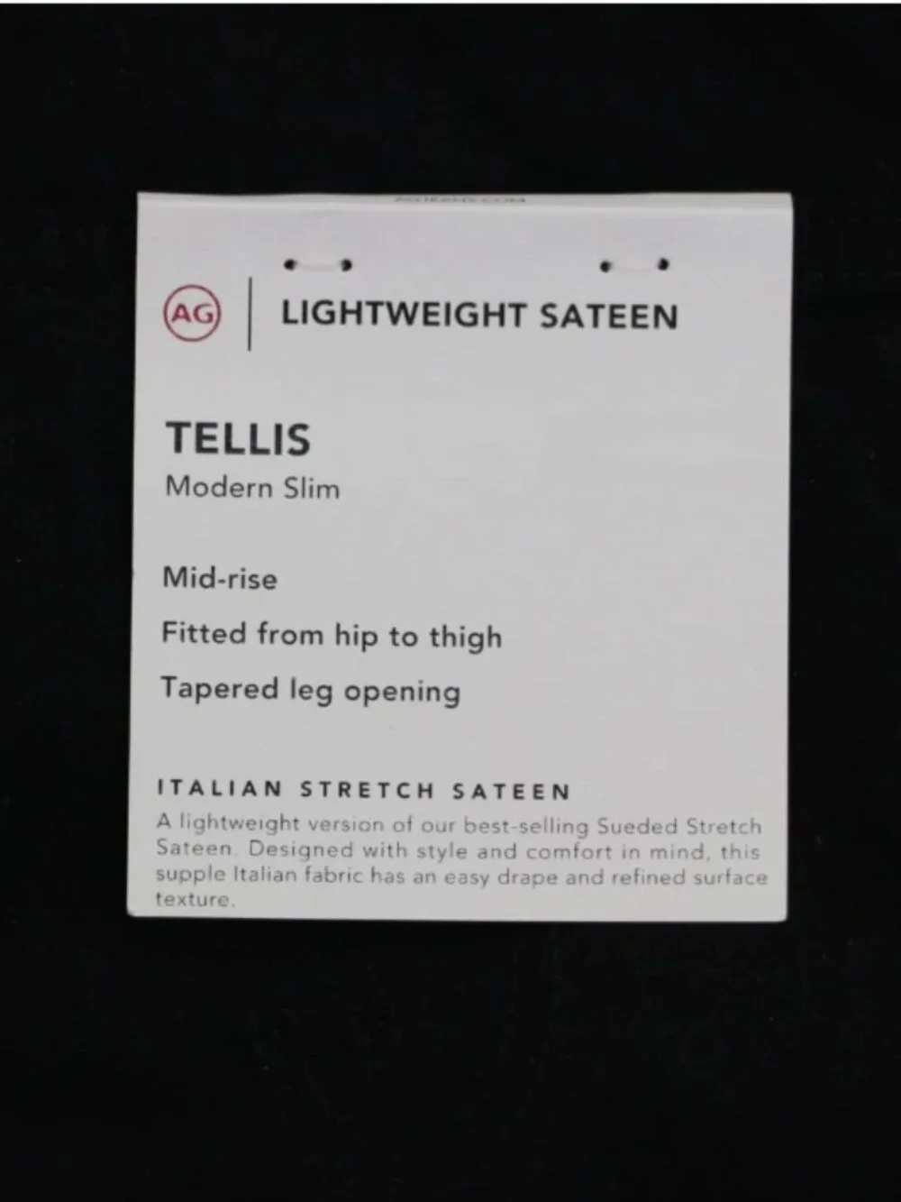 AG Tellis W38 L32 Modern Slim Pants Lightweight Italian Satin Fabric Jeans Black